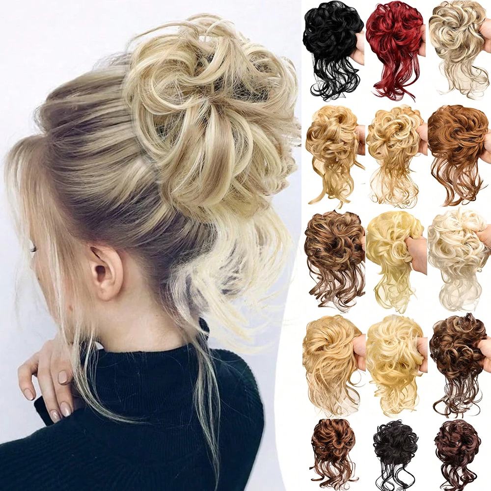 Synthesis Hair Bun Chignon Hair Extension Messy Curly Chignon Hairpieces Pink Fake Hair With Elastic Band Hair Wigs For Women