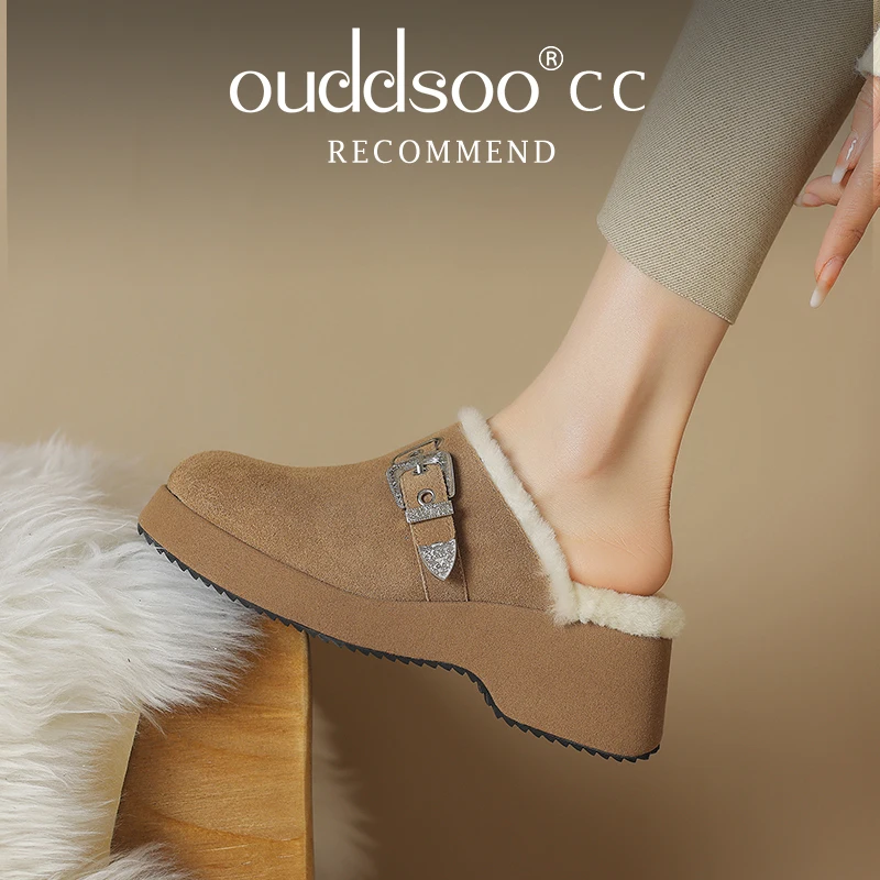 

ODS Winter New Large Size Real Sheepskin Snow Boots Fur Slippers Bao Head Flat Half Drag Thick Sole Increase Female Cotton Drag