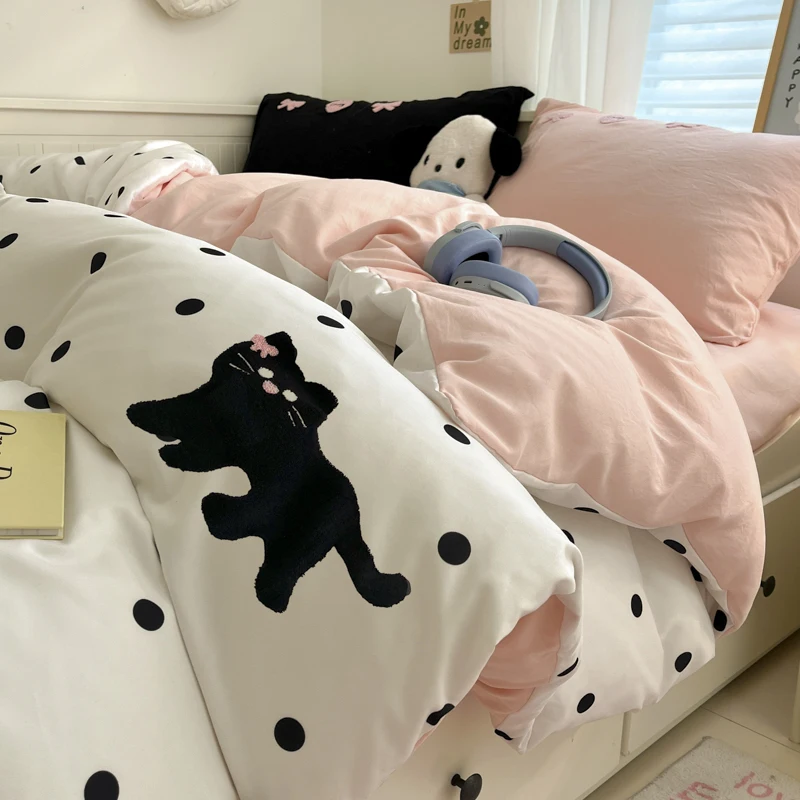 보라색 세탁 침구 세트, 면 수건 자수 작은 인형, 기숙사 골판지 이불 커버 이불 세트, 4 피스 세트