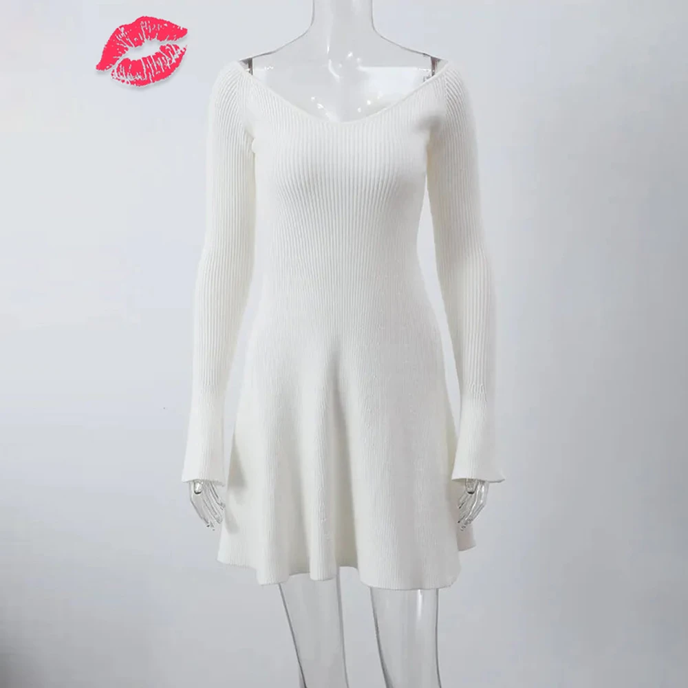 Knit Off-Shoulder V-Neck Mini Dress For Women Ribbed Loose Casual High Waist Long Sleeve Knitwear Dress Women's Mini Dress