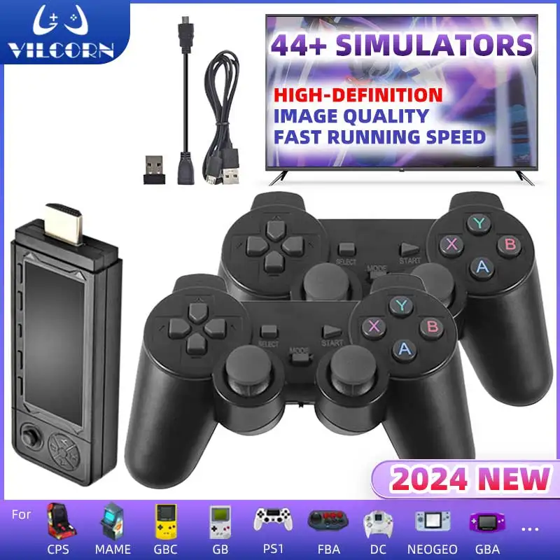 VILCORN 4K 게임 스틱 레트로 비디오 게임 콘솔, 듀얼 컨트롤러 포함, PS1, PSP, SFC, N64 3D 게임용, 42000 게임 내장