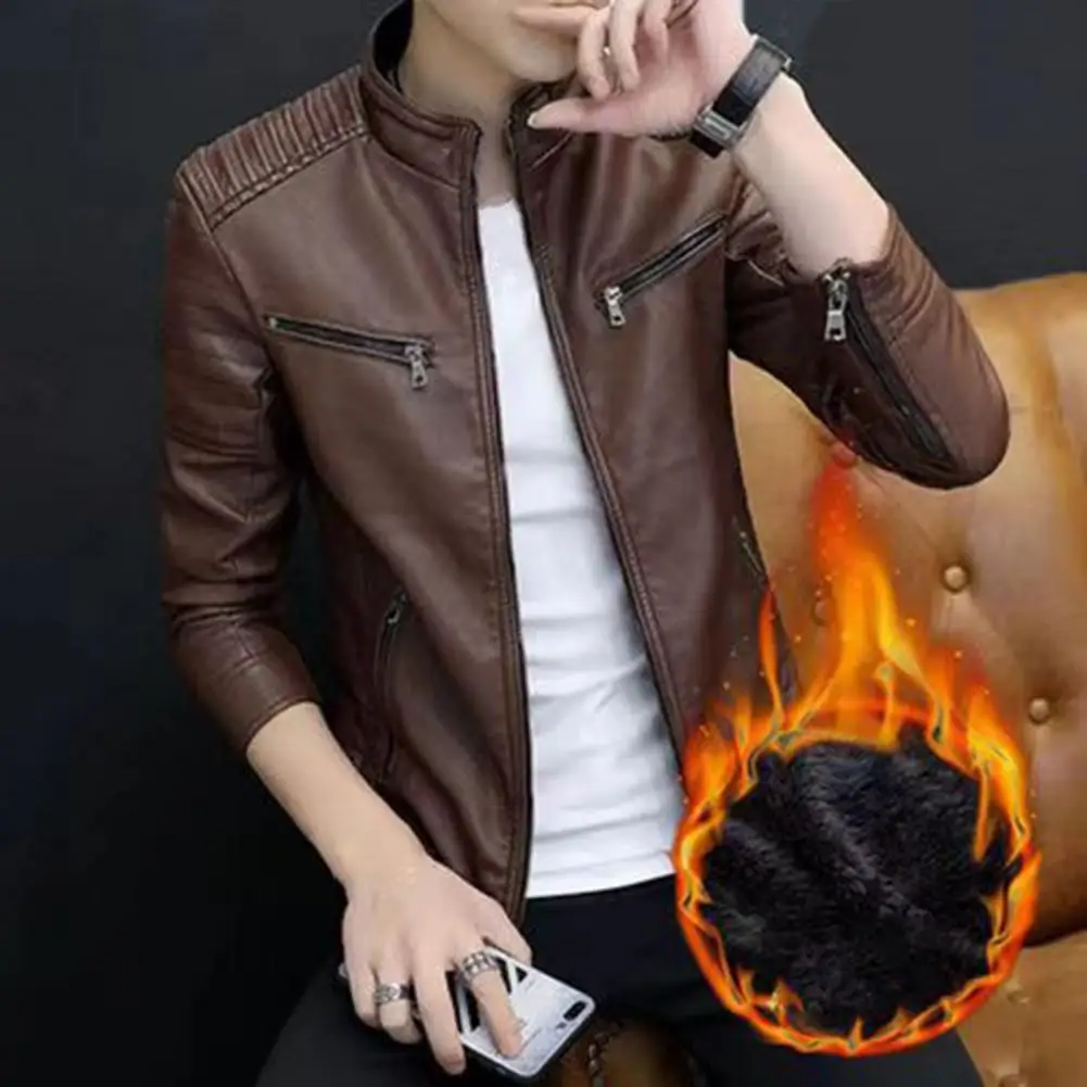 

Autumn And Winter Stand Collar Jacket Men's Fleece Faux Leather Jacket Long Sleeve Pleated Shoulder Zipper Cardigan Top Coat