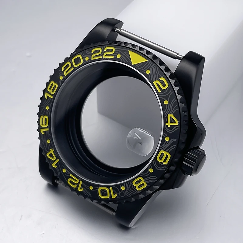 All-Black Sub Style Watch Case with Rubber Strap and Sapphire Crystal