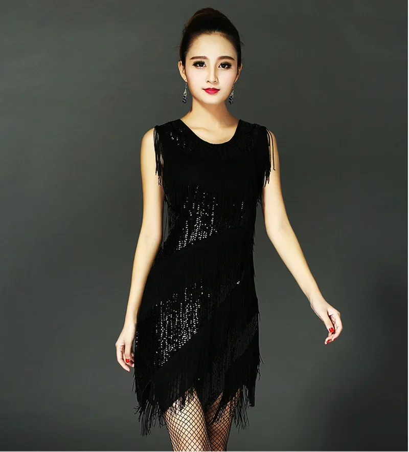 Women Sexy Latin Dance Dresses Fashion Women Dress Summer Tassel Sleeveless Rumba Samba Night Clubwear Sequins Party Dresses