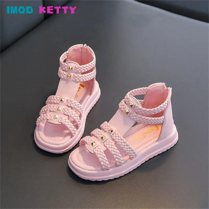 

Girls Roman Sandals 2023 Summer New Style Fashion Open Toe Braided Solid Color High-top Simple New Hollow Flat Casual Shoes