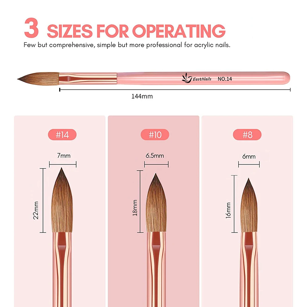 Pink Handle Acrylic Nail Brush Size 16/18/22 mm Acrylic Application Nail Brushes Pen Professional Powder Extension Carving 6