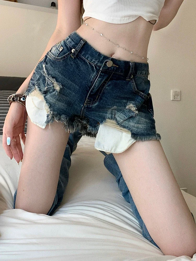 Summer New Vintage Blue Simple Denim Shorts for Women Chic Hollow Out Basic High Waist Fashion XS-XL Casual Female Demin Shorts