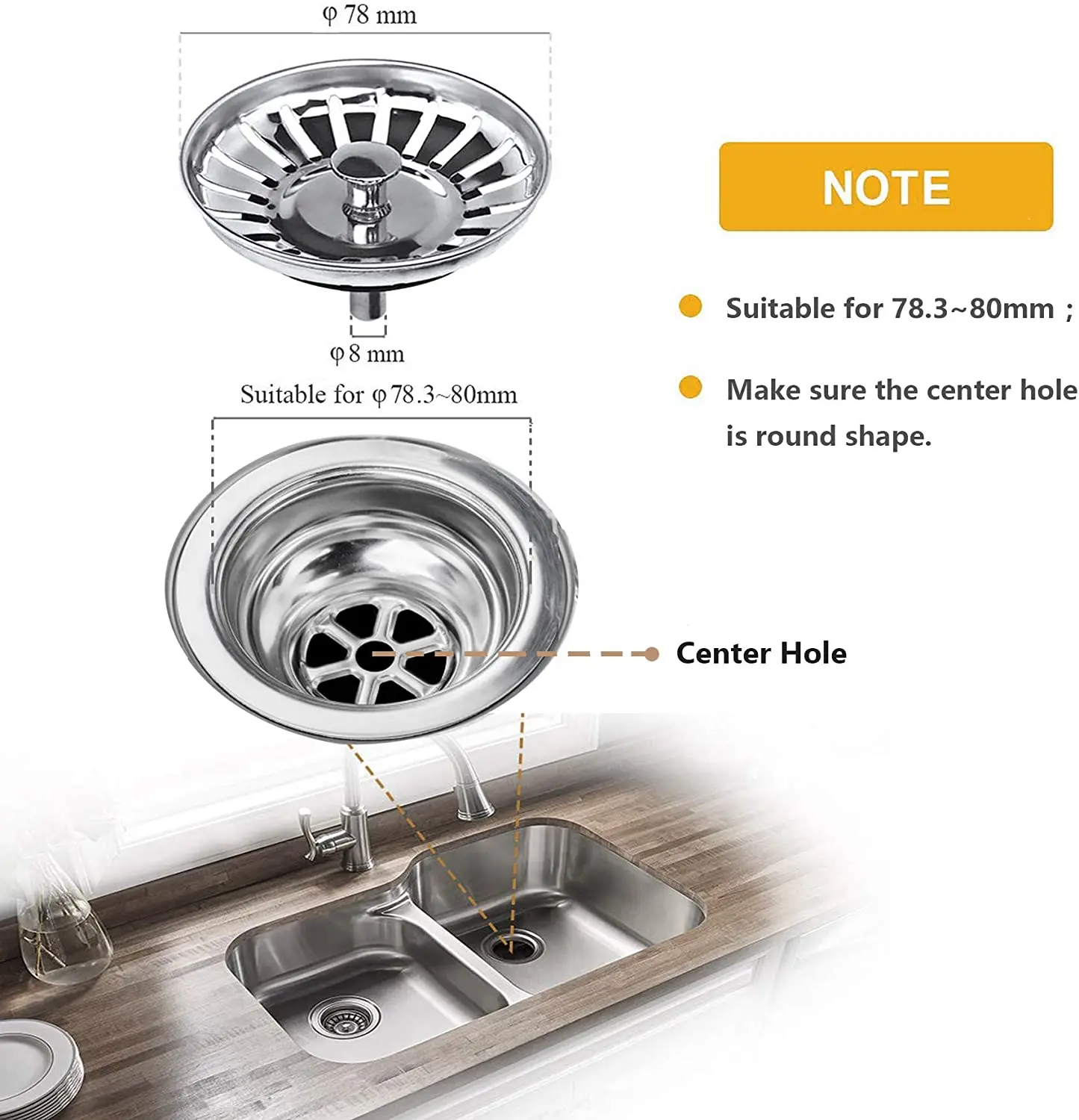 Bouchon D'évier Cuisine Noir - Acier Inoxydable 78 Mm - Neuf - Remplacement