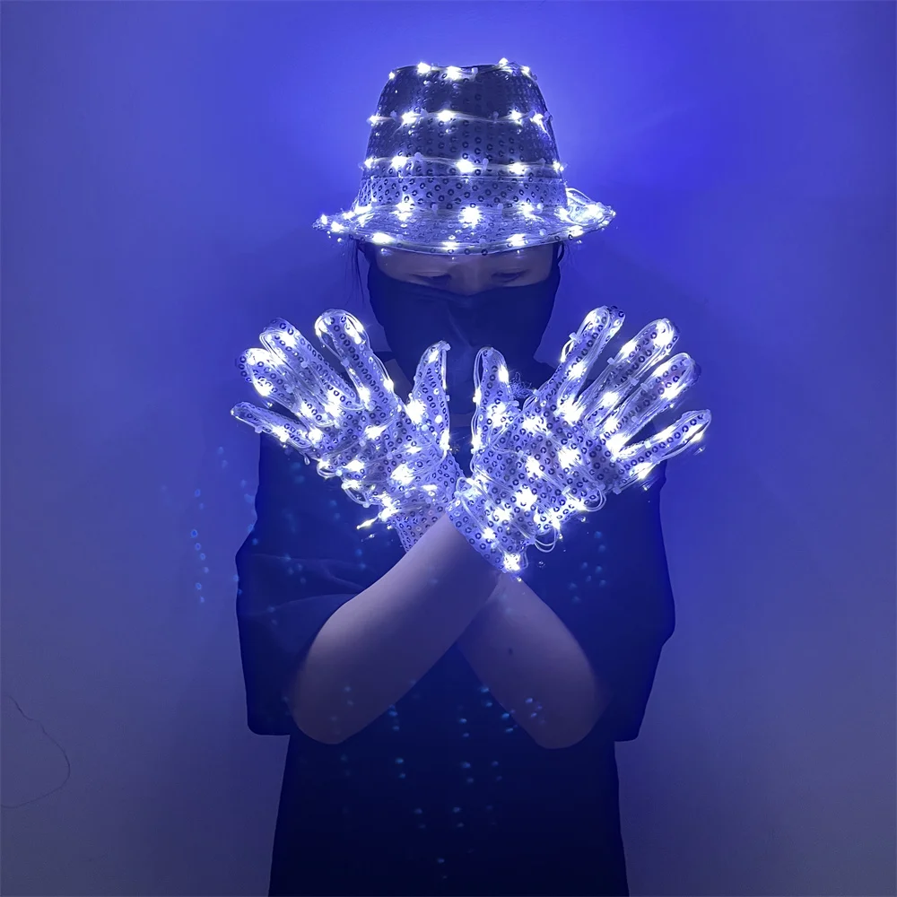 

Magicool New Design White Colors Laser Led Hat Gloves DJ Bar Waiter Hip Hop Jazz Flash Party Cosplay Luminous Festival Costumes