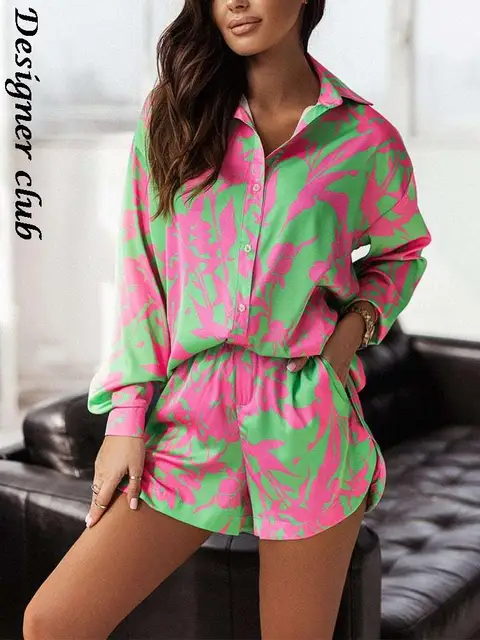 Print Shorts Suits Woman Vintage Long Sleeve Shirt And Short Pants Suit Two Piece Set Female Casual Outfit 1