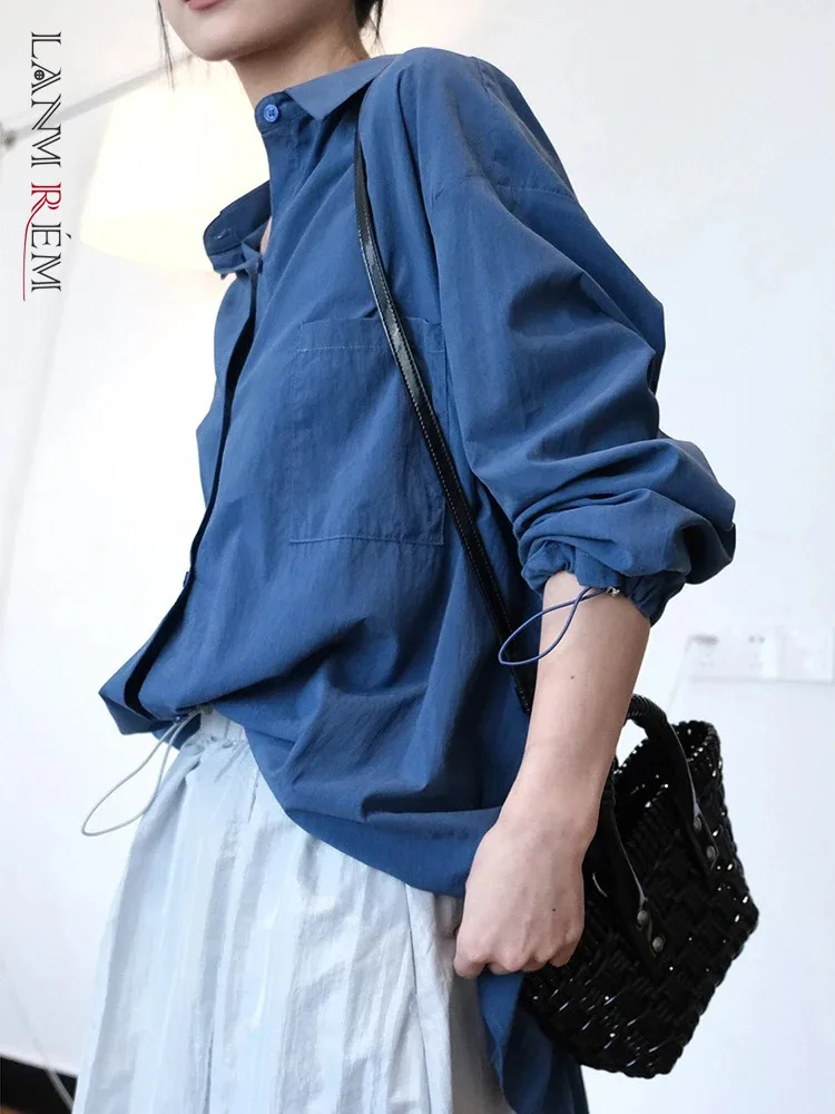 

[LANMREM] Drawstring Design Sunscreen Shirts For Women Lapel Single Breasted Casual Loose Blouses 2024 Summer New 26D8984