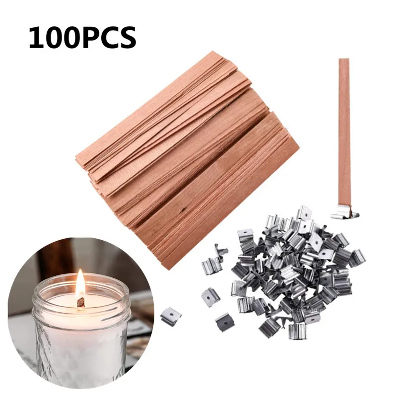 Stoppini per candele in legno 100PC con supporto in ferro nuclei di candele  rispettosi dell'ambiente stoppino fai da te forniture per la produzione di candele  stoppino di cera Parffin di soia