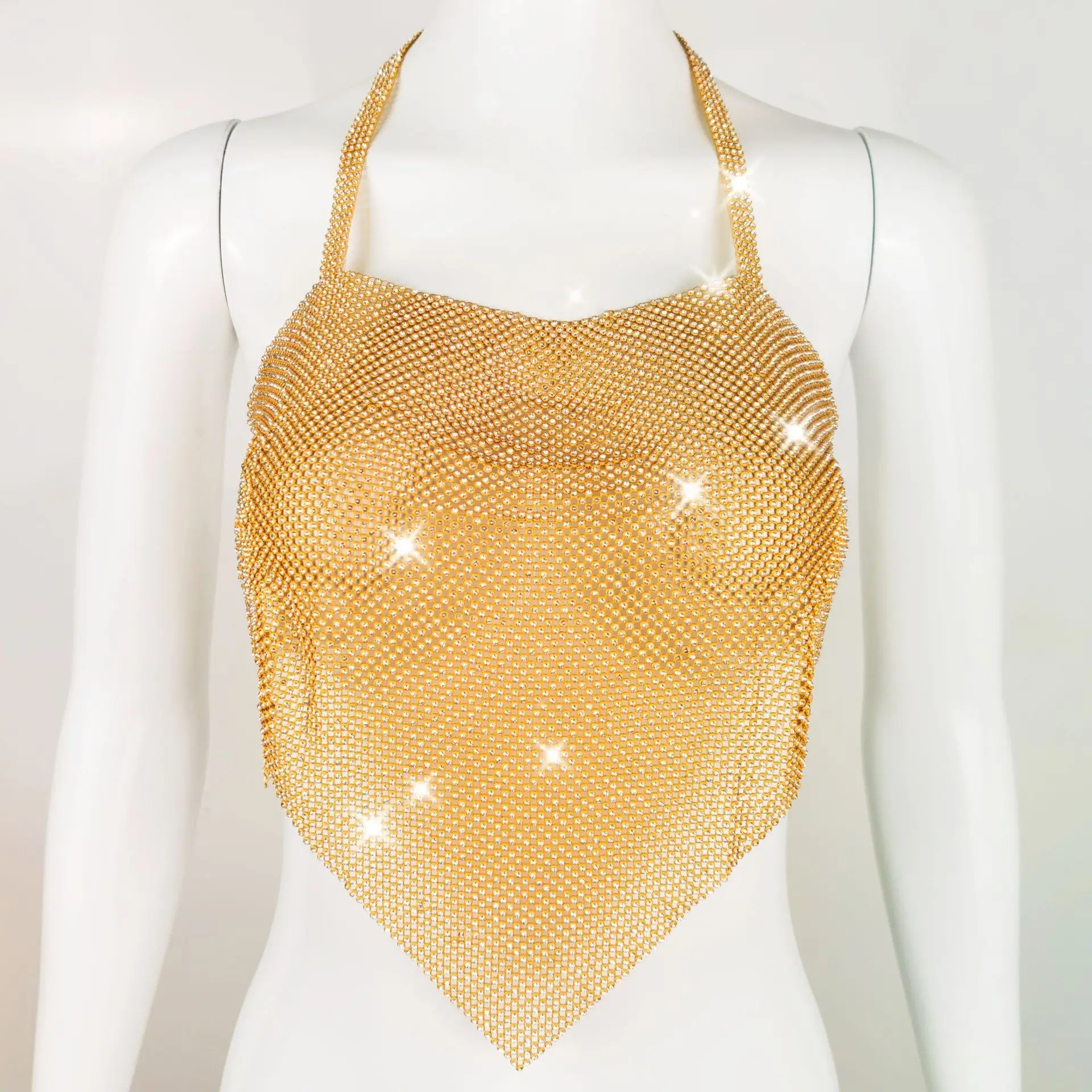 

TAWAS Crystal Chain Crop Tops Sexy Halter Handmade Shiny Gold Silver Backless Glitter Summer Beach Club Show Wear