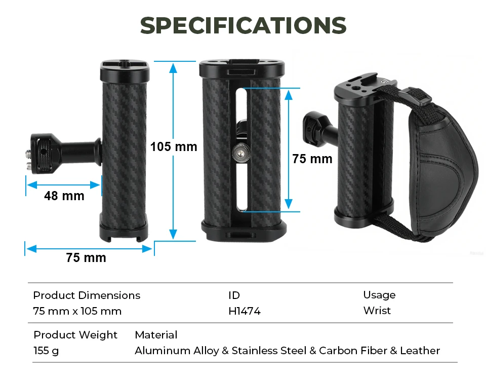 Camera Side Handgrips With Adjustable Leather Hand Grip Wrist Strap For 1/4" Thr