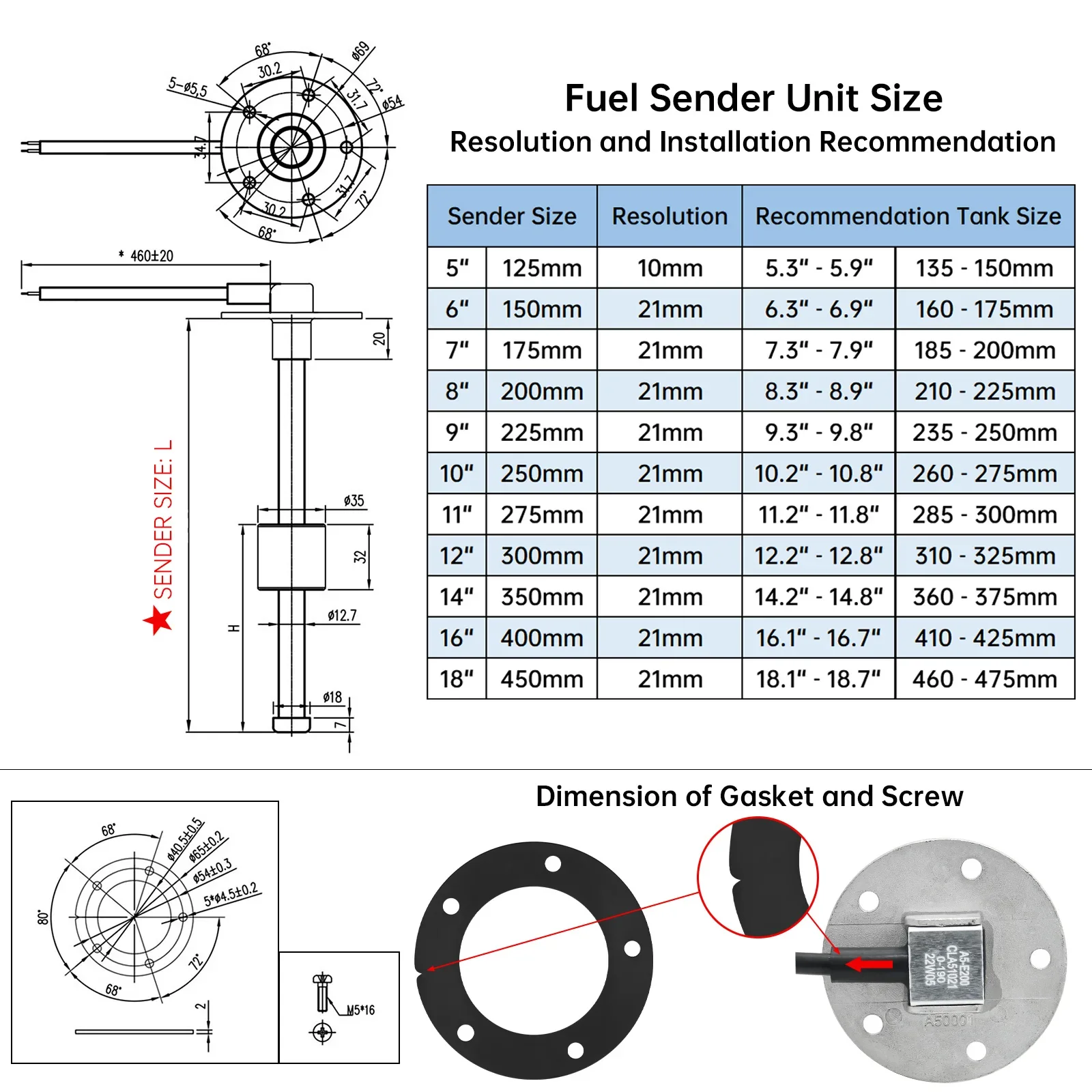 Digital 52mm Fuel Level Gauge+Fuel Level Sensor 100~500MM 0-190ohm Waterproof LC