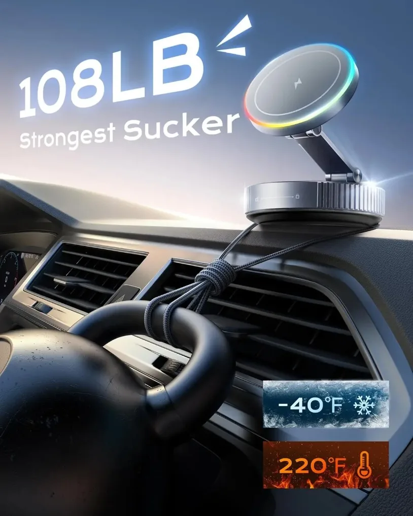 15W Magnetic Car Wireless Charger Vacuum Phone Holder for Magsafe Suction Cup for iPhone 17-12 Pro Max Fast Charging Stand