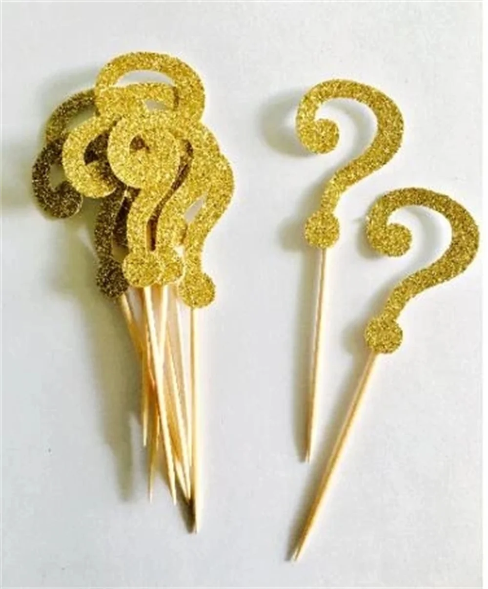 Glitter Gold Question Mark Gender Reveal Birthday Cupcake Toppers