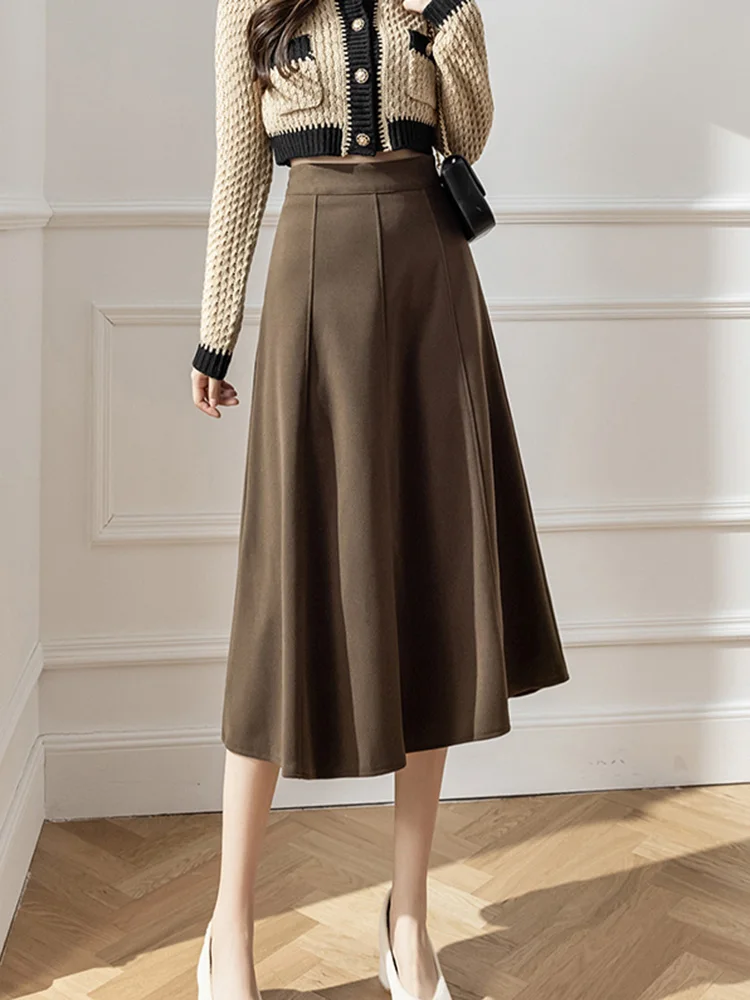 

New 2024 Autumn Winter Long Woolen Skirt Women High Waist Black Or Brown Color Skirts Korean Fashion Casual Maxi Skirts Womens