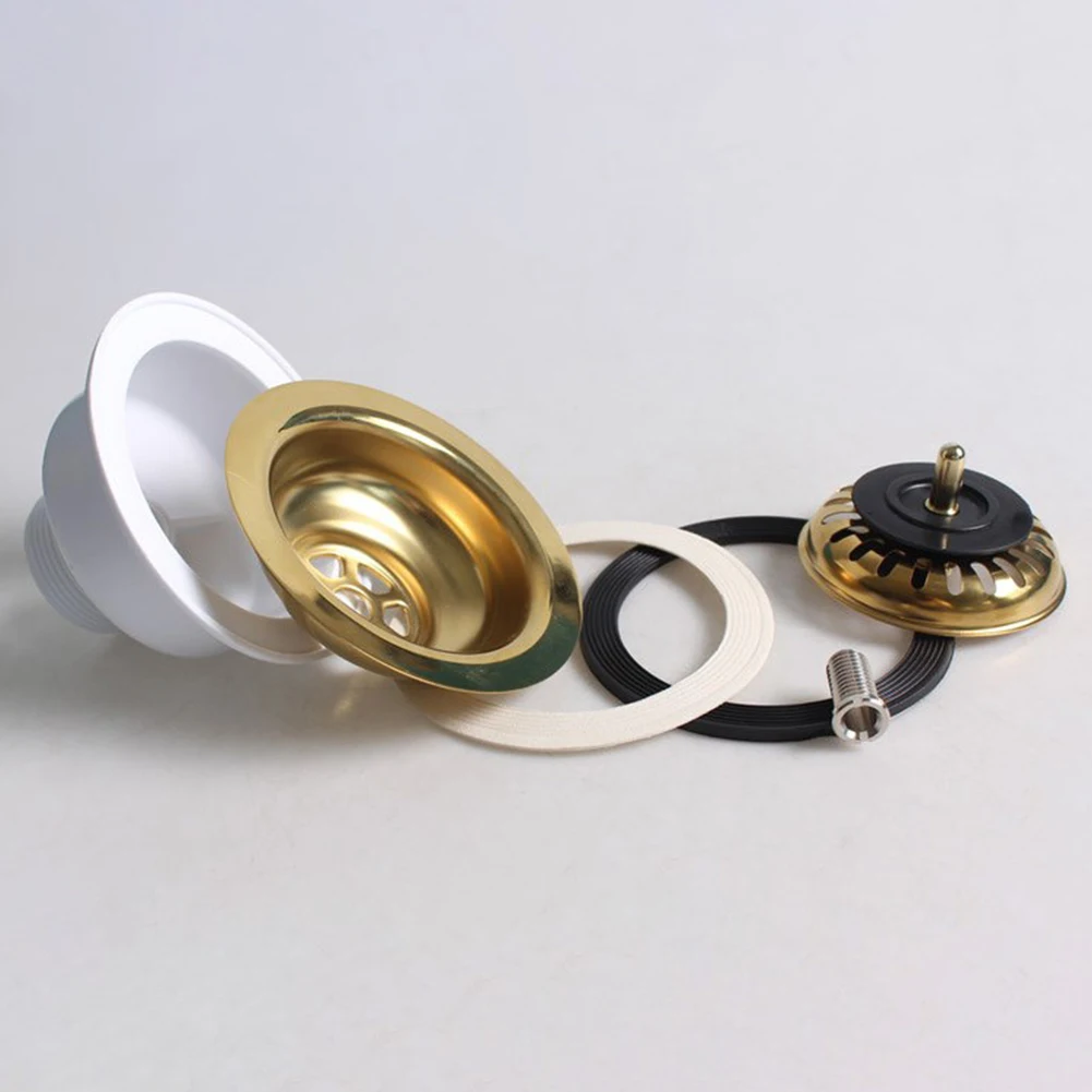 High-Quality 114MM Stainless Steel Sink Dish Drainer Strainer With Gold Plated Kitchen Sink Drainage Waste Kit Brushed