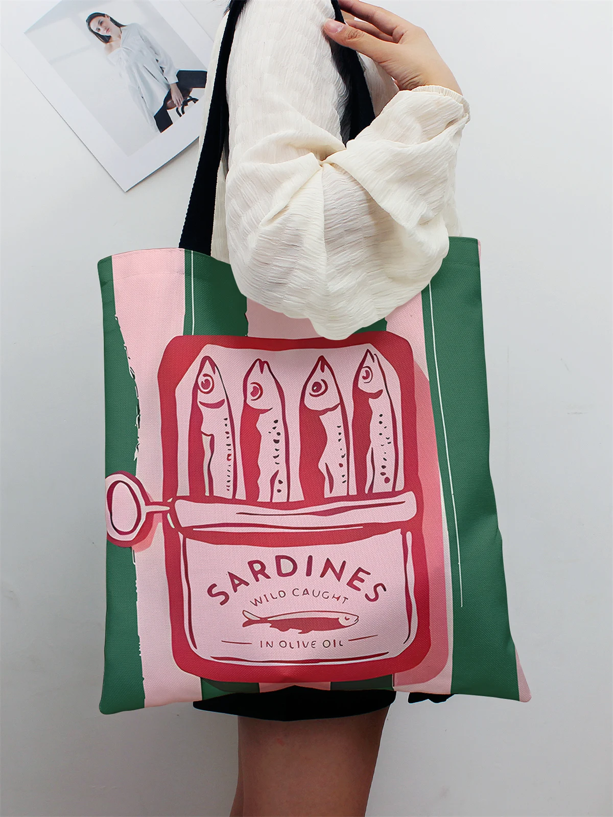 Colorful Trendy Sardines Printe Casual Handbag, Reusable Fashionable Backpack, Multifunctional Tote Bag Polyester Shopping Bag