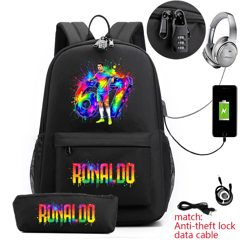 Cr7 Ronaldo 67 Print Anti-Theft Student Backpack with Pencil Case for Teenagers Kids School Daypack 6