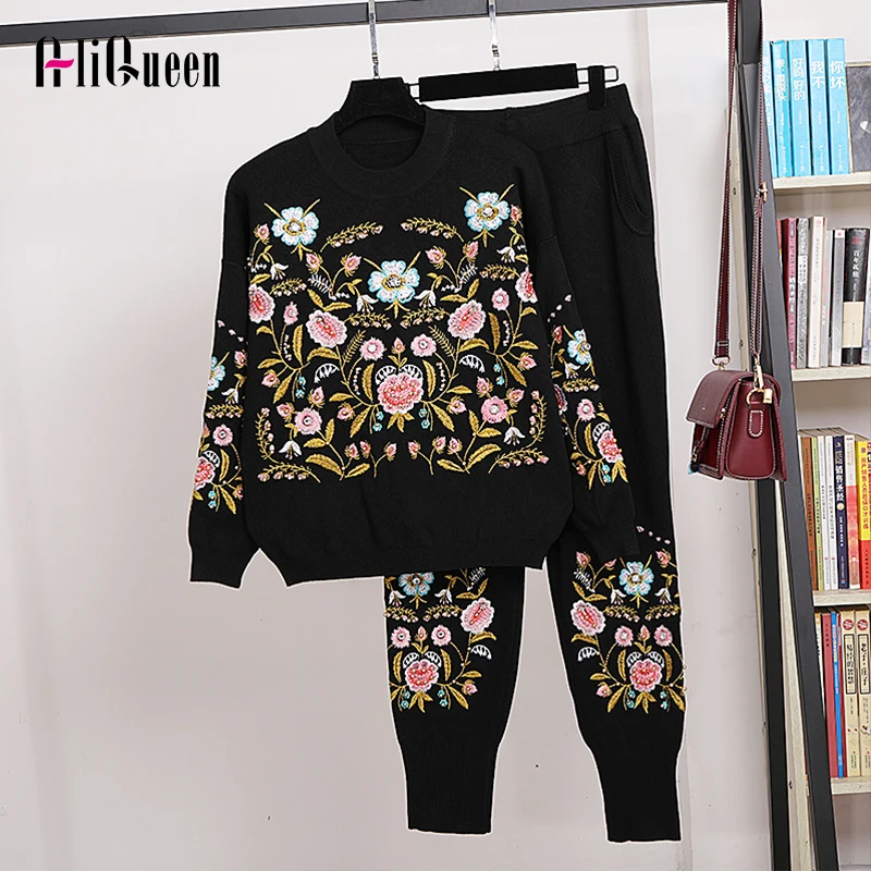 

Spring Autumn Women Tracksuit Knitwear Set Embroidery Female Black Sweater Pullover Tops + Pants Sets Casual Two-Piece Set Suits