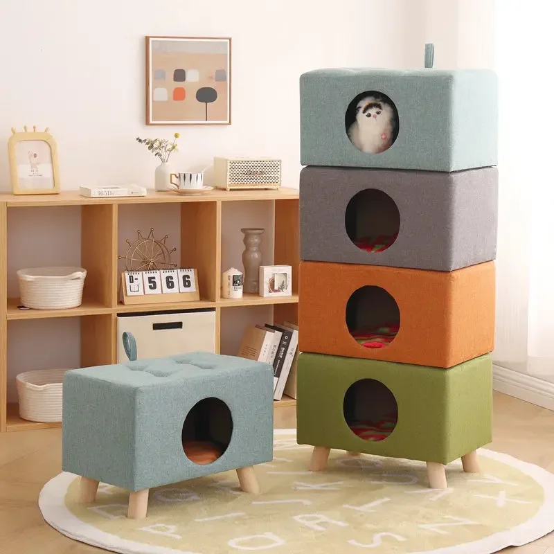 Multifunctional Solid Wood Cat Nest Stool Portable Pet Furniture Semi-enclosed Pet Bed with Soft and Comfortable Cushion