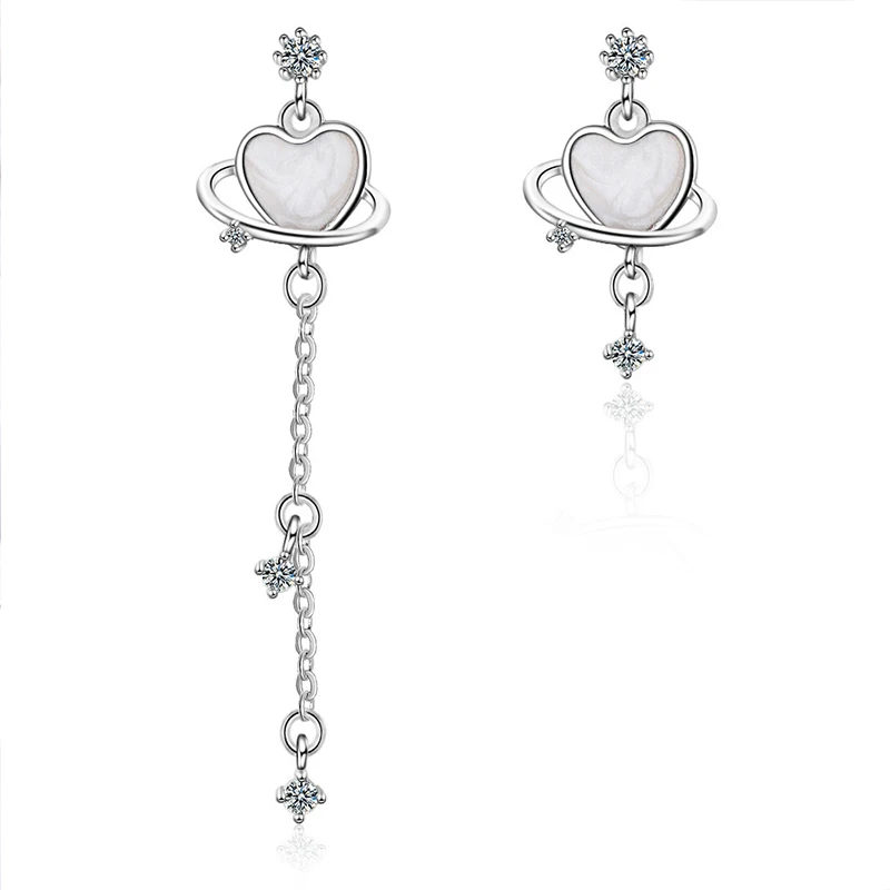 

Asymmetry Heart Tassel Earrings 925 Silver Korean Fashion Long Piercing Ear Jewelry Personalized Woman Dangle Party Accesories