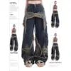 New American Vintage Washed Five-Point Star Frayed Hem Jeans for Women High Street Niche Oversized Straight Leg Long Pants 1