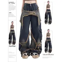 New American Vintage Washed Five-Point Star Frayed Hem Jeans for Women High Street Niche Oversized Straight Leg Long Pants 1