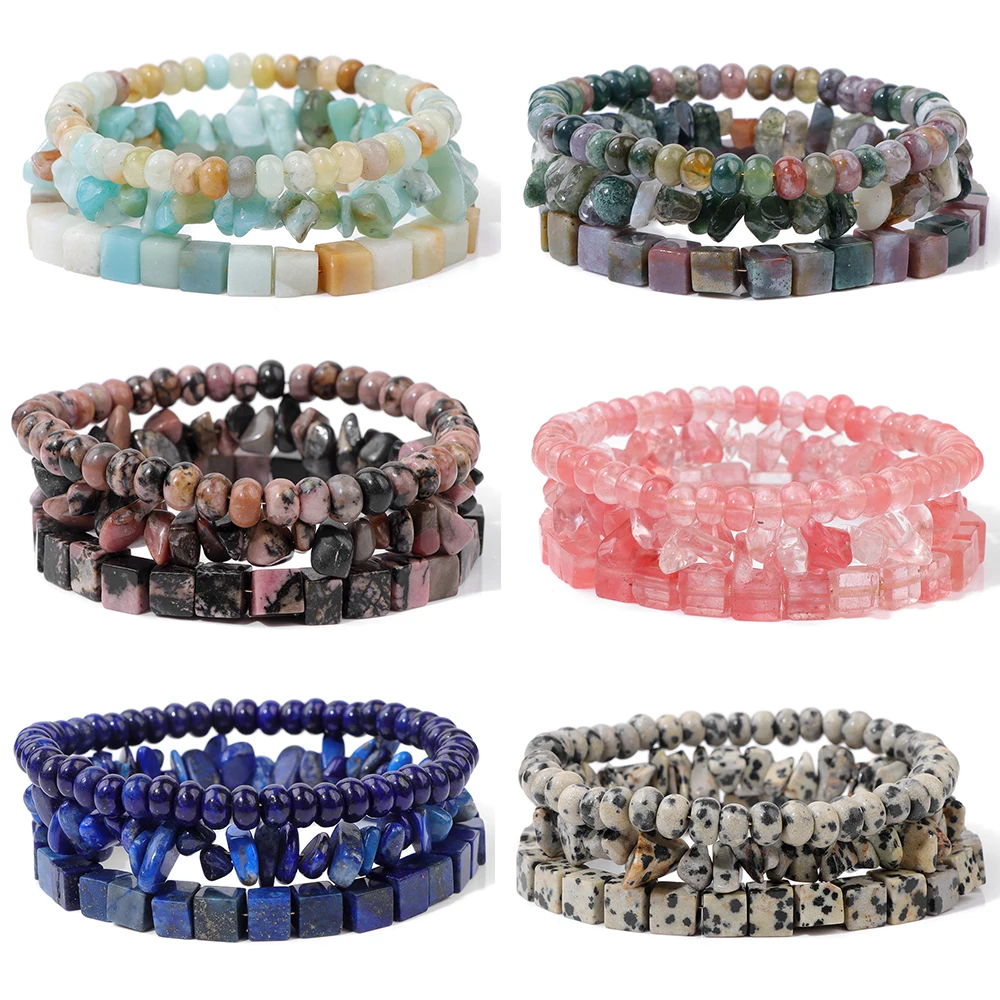 3 teile/satz verschiedene Formen Perlen Armbänder für Frauen Männer Naturstein flache Chip quadratische Perlen Armband Heilung Reiki Schmuck