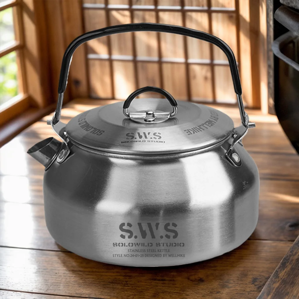 1L Outdoor Camping Kettle with Handle 304 Stainless Steel Water Kettle Lightweight Coffee Pot Tourist Cookware Supplies