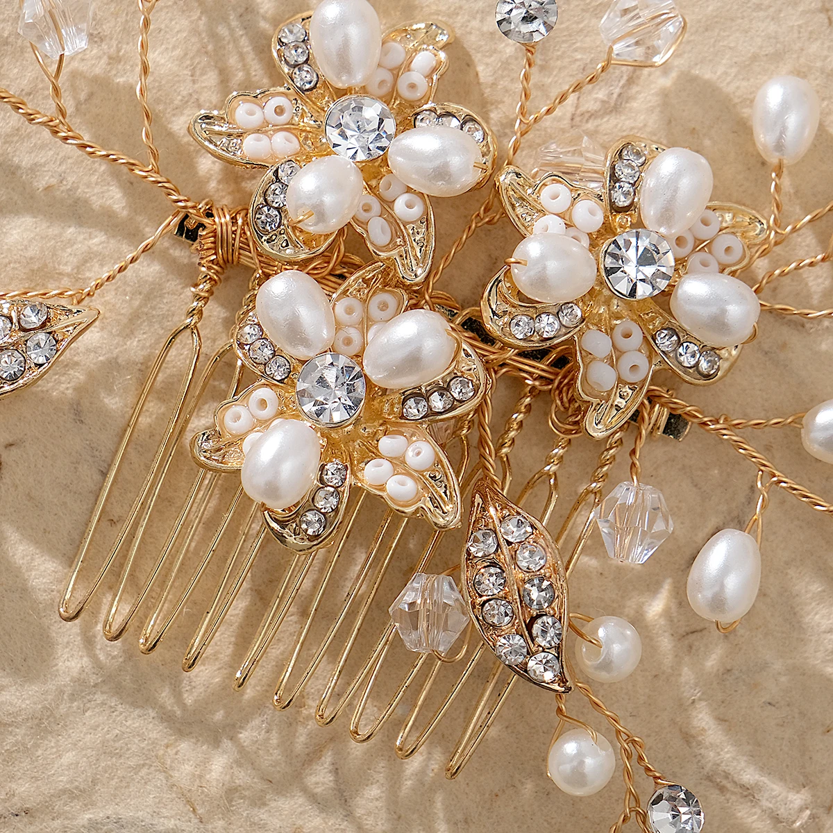 Goldene Mode handgemachte Kristall Perle Blume Haar Kamm Luxus Metall Seite Haar Clips Braut Platte Haar Kopfschmuck Schmuck – Detail 7