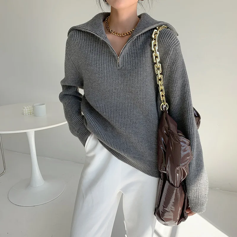 

Winter Women's Turtleneck Knitted Fashion Zippers Sweaters Oversized Solid Gray Black Casual Long Sleeve Pullovers for Women