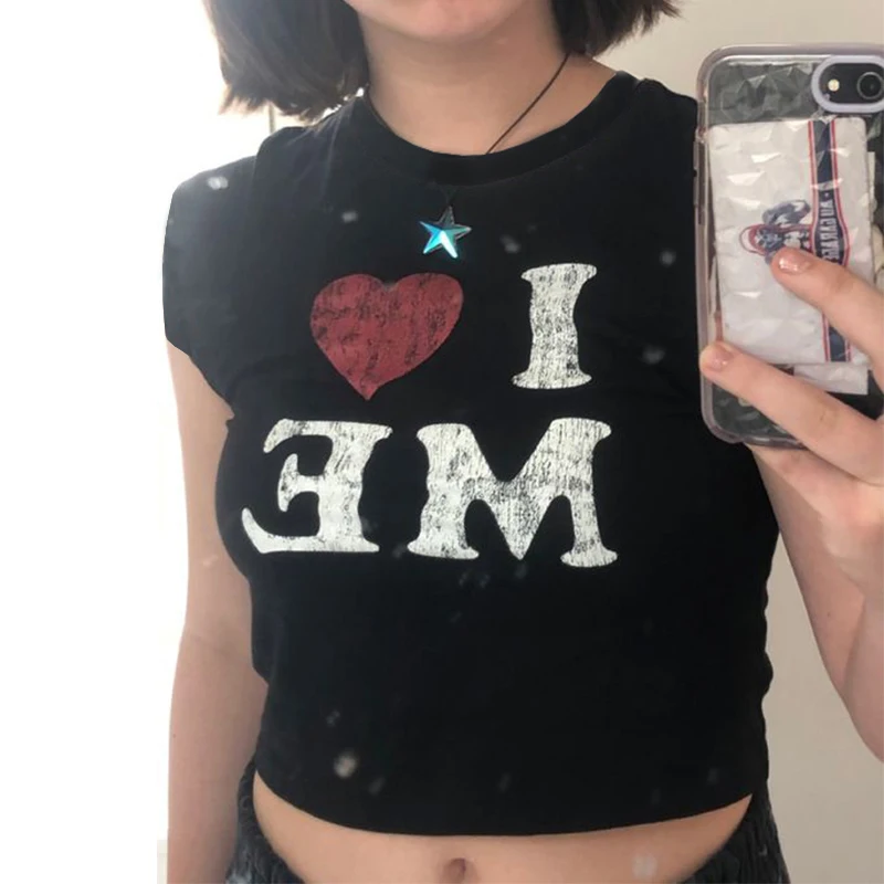 I LOVE ME print Haruku T-shirt Women Streetwear short Sleeve Skinny Crop Tops Summer Y2K Clothes Baby Tees EMO Girl667_voghion.com