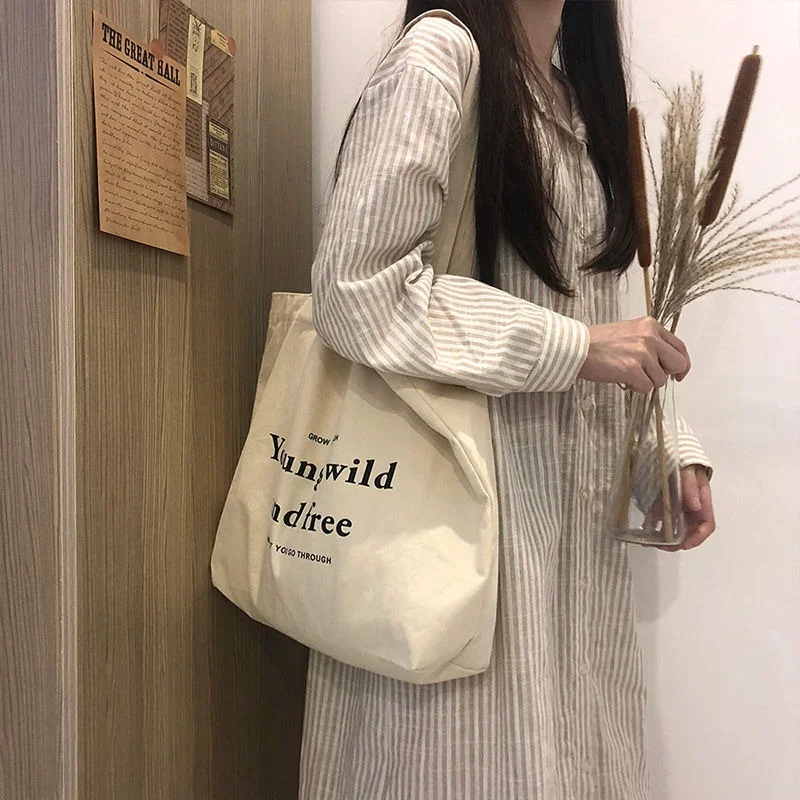 Canvas Bags Casual Large Capacity Shoulder Shopper Letter Fashion Harajuku Zipper Print Women