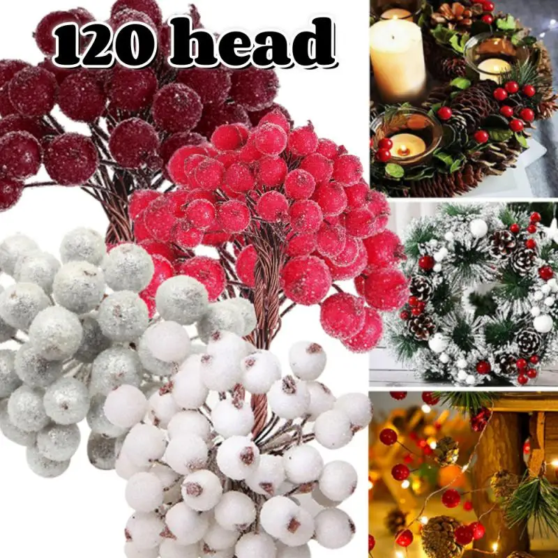 120Pcs Artificial Holly Berries Mini Simulation Cherry Stamen Frosted Double Head Fake Berry Wedding Christmas Party Decor artificial fruits and vegetables artificial holly berries