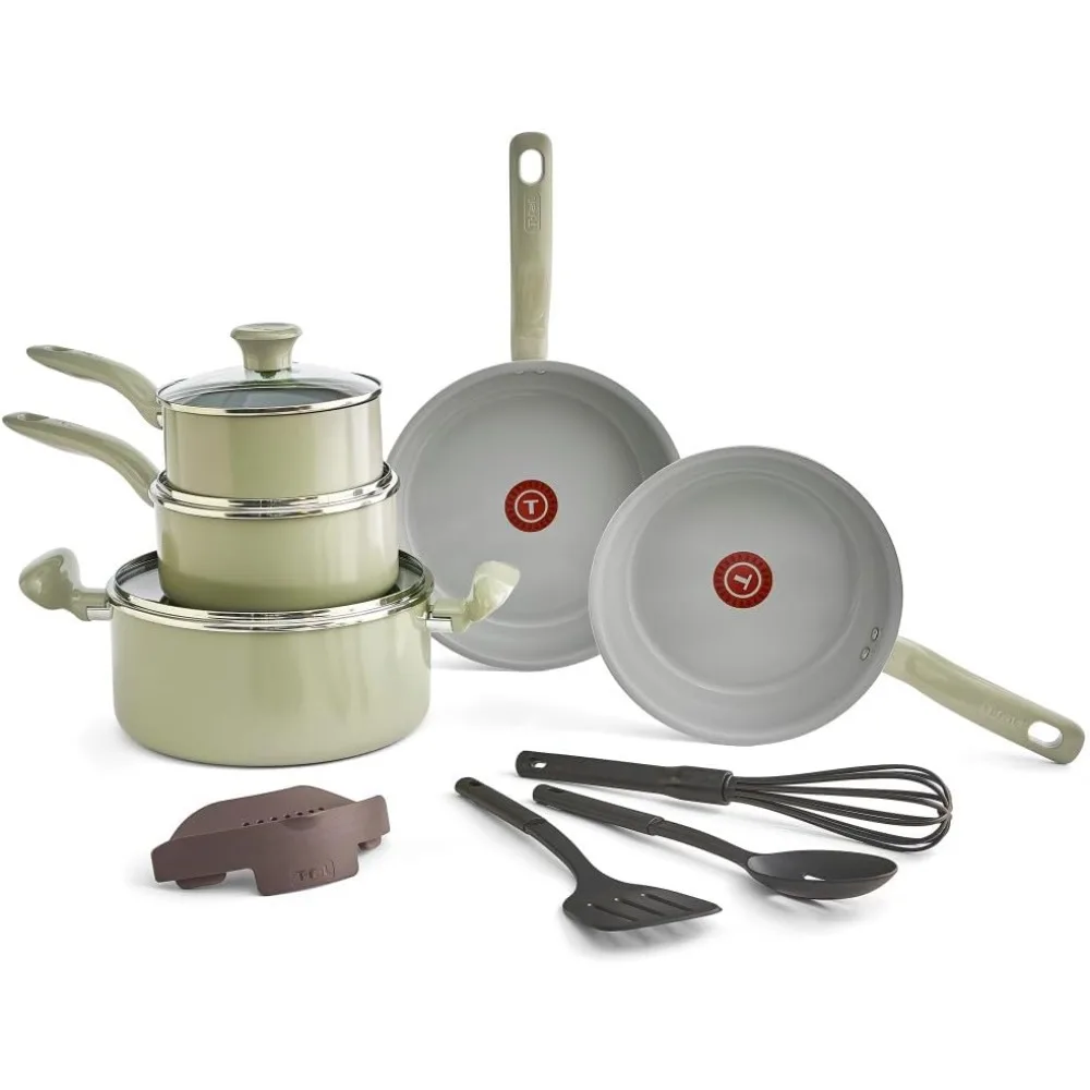 

Комплект антипригарной посуды из переработанной керамики T-fal, 12 предметов, безопасный для духовки 350F, кастрюли и сковородки, сковорода, кухонные инструменты, зеленый цвет