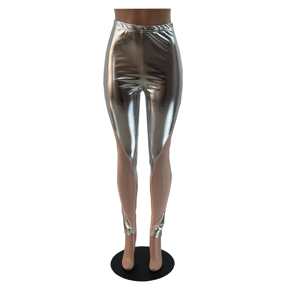 Mallas plateadas de retales de malla transparente para mujer, pantalones  ajustados elegantes a la moda para fiesta y Club nocturno, 2023