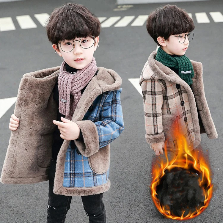 Korean Boy Winter Coat England Grid Hooded Children's Outerwear Kids Wool Coats 10 Years Old Jacket For Boy Thick Kids Cardigan