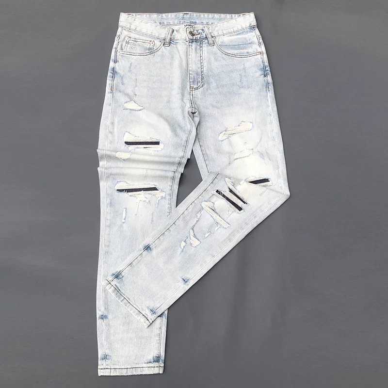 Street Fashion Men Jeans Retro Light Blue Stretch Slim Fit Hip Hop Ripped Jeans Men Patched Designer Vintage Denim Pants Hombre