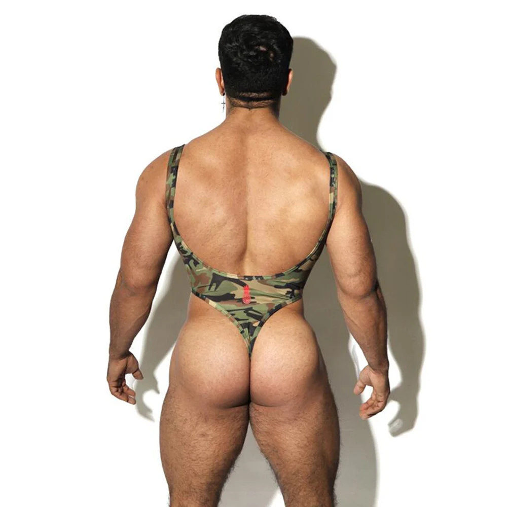 Men's Sexy Jumpsuit Solid Stretch One-Piece Underwear Camouflage Bodysuit Shaper Vest Wrestling Singlet Open Butt Rompers