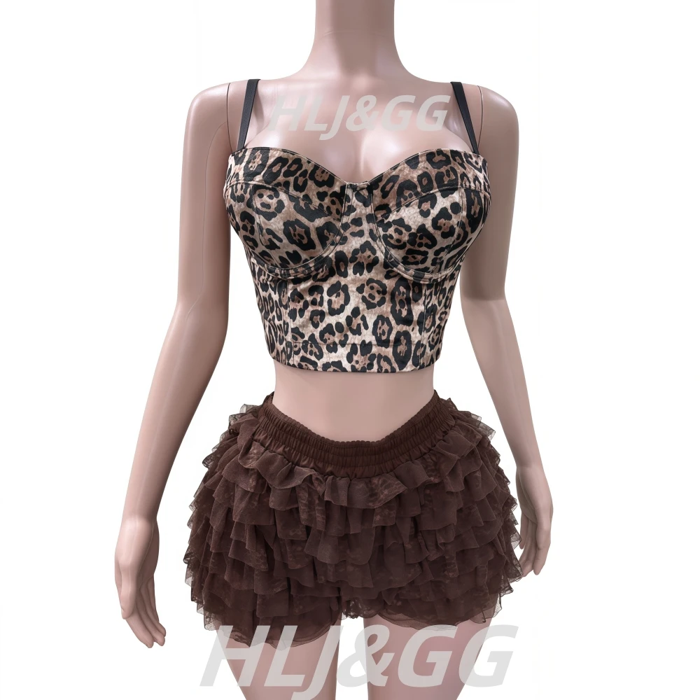 HLJ&GG Fashion Leopard Y2K Lace Ruched Skirts Shorts Two