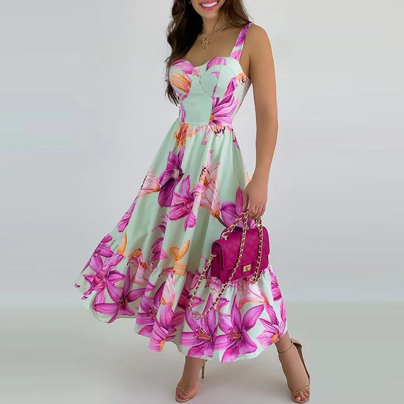

Sexy Deep V-neck Hollow Boho Party Dress Women Spring Floral Print A-Line Long Dress Summer Off Shoulder Pleat Sling Maxi Dress
