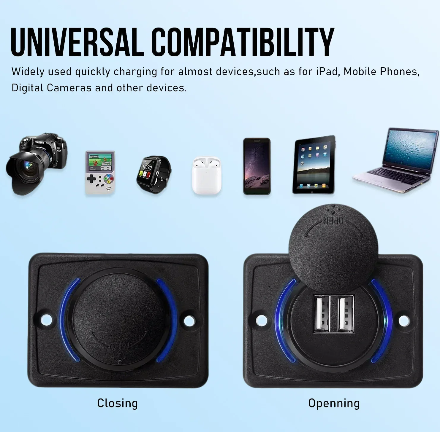 KEBIDUMEI 12V-24V 자동차 USB 충전기 QC3.0 전원 소켓 전화 충전기 어댑터(표시등 포함) 자동차 보트 버스용 방수