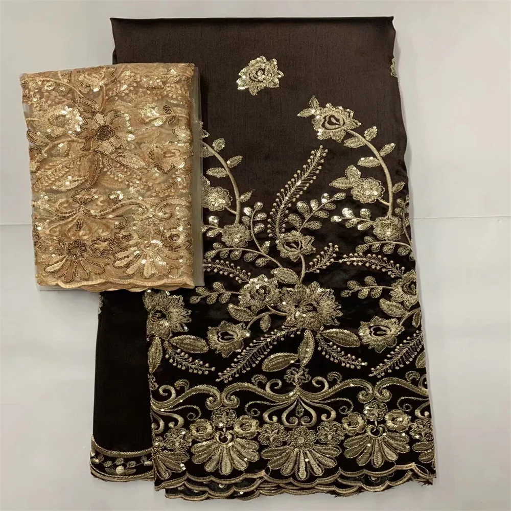 

African George Lace Fabric 5+2 Yards Brown Embroidered Lace Party Indian Satin Fabric With Sequins For Ladies Garment Zl23-1