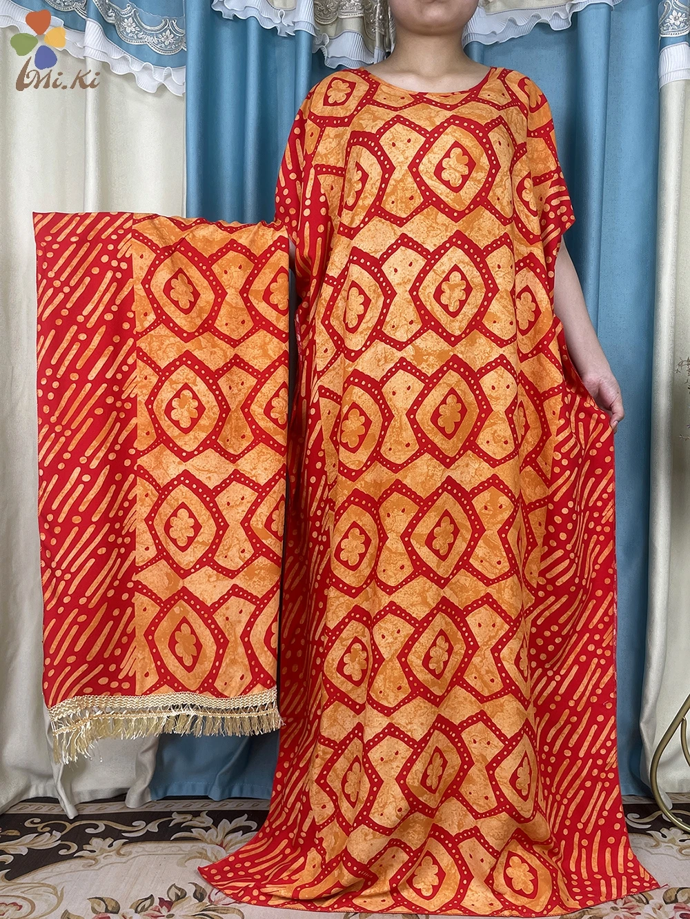 2024 Muslim Short Sleeve Dress African Women Dress Cotton Loose Fit Dress with Tassel Scarf Dubai Maxi Dress Islamic Clothing