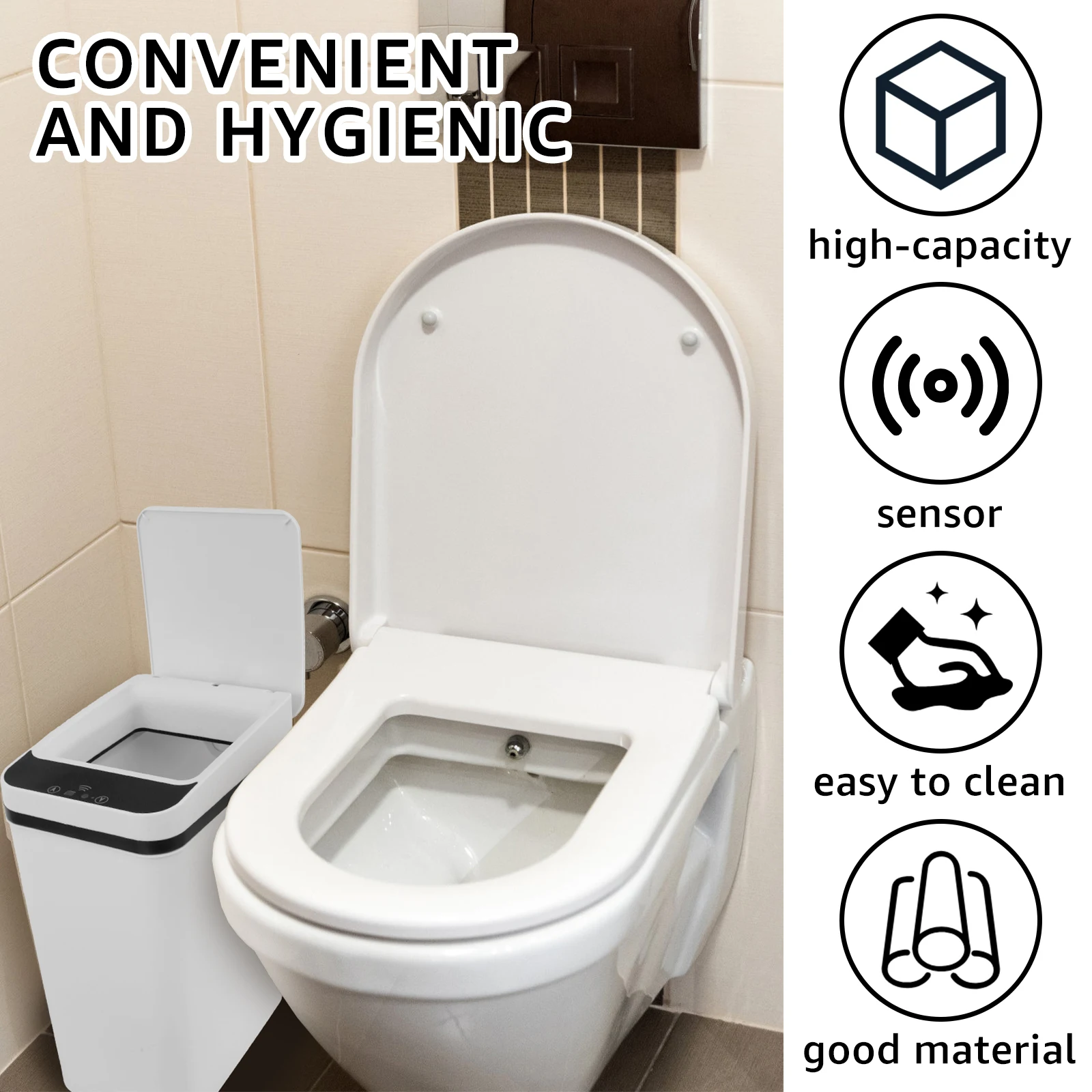 Smart Bathroom Trash Can 12L Touchless Garbage Can White/Black Infrared Motion Sensor Kitchen Garbage Can PP Rectangle Trash Bin