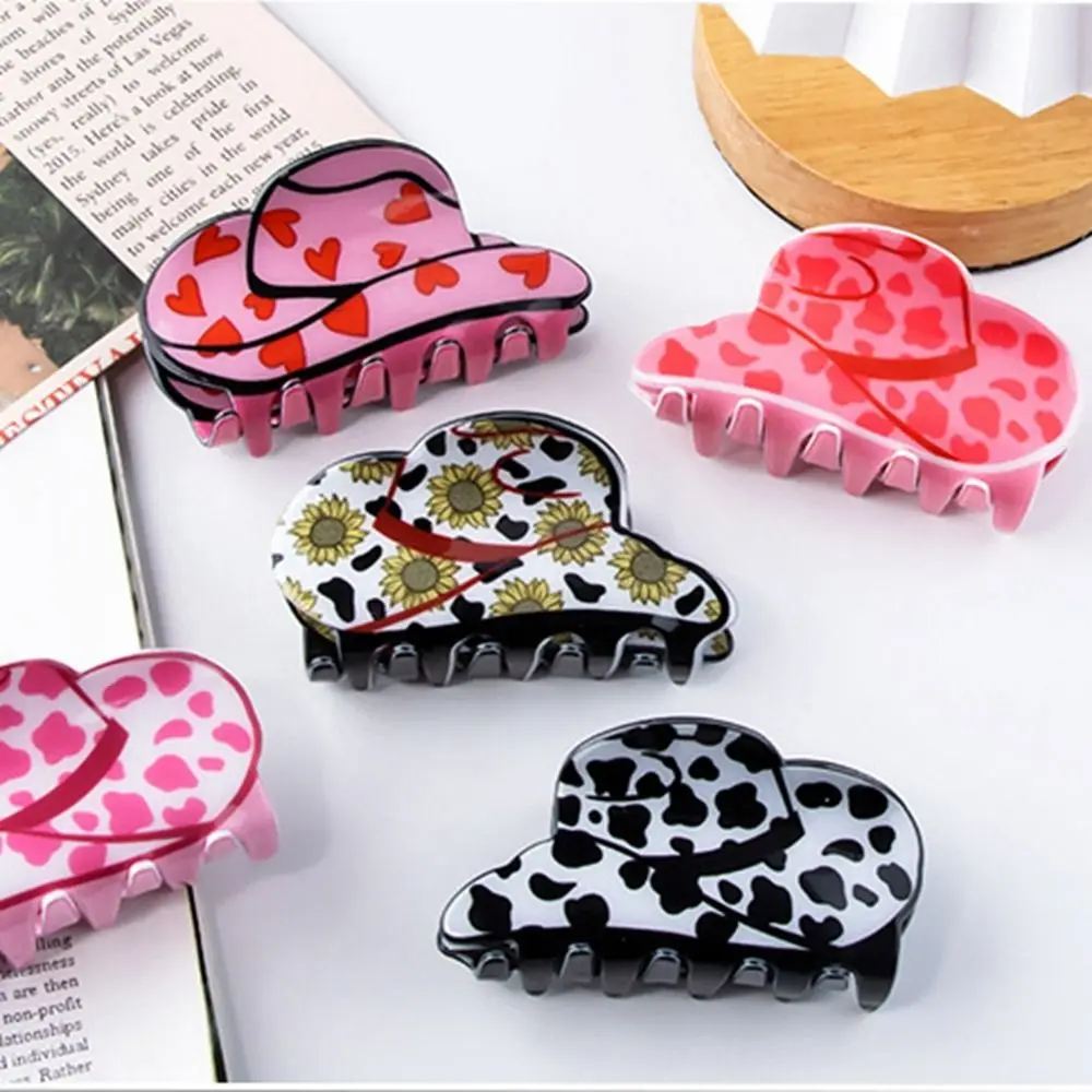 Description Picture 6 of itemCap Shape Cowboy Hat Hair Claw Personalized Leopard Printed Flower Plastic Hair Clip Shark Clip Festival Headdress Girl