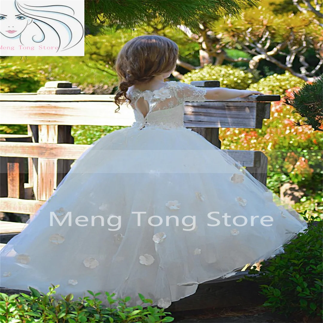 

Girl's Dresses Off Shoulder Ivory Lace Tulle Floor Length Flower Girl Dress Half Sleeve 3D Flowers Ball Gown First Communion